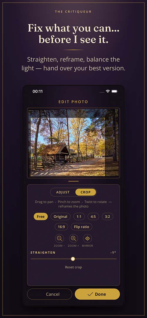 The built-in photo editor with crop and straighten controls